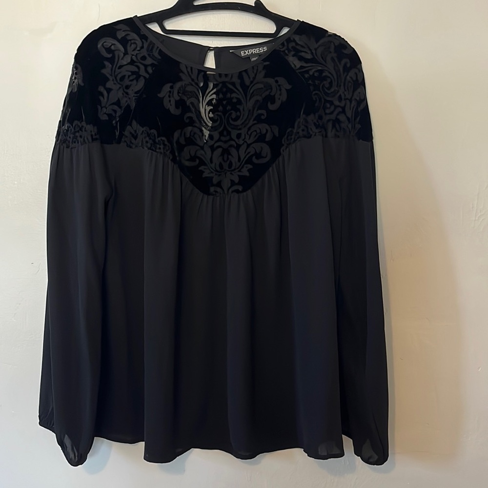 Express Black long sleeve dress top with velvet detail, Size XS